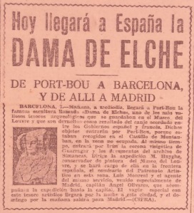 Artículo sobre la llegada de la Dama de Elche a España. La Gaceta de Alicante, 8 de febrero de 1841